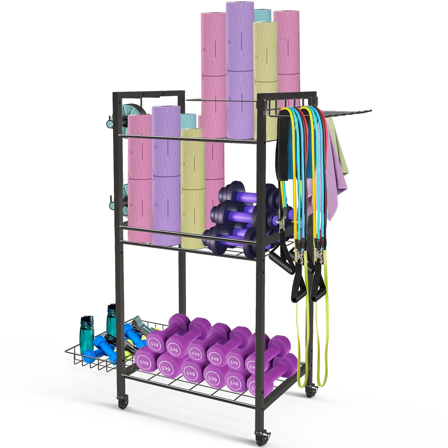 Yoga Mat Storage, Gym Equipment Storage, Cart for Organizing Workout Room, Home Gym Storage with Hooks and Wheels