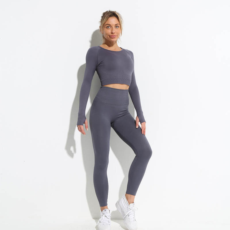 2Pcs Seamless Hyperflex Workout Sport Outfits for Women Sportswear Athletic Clothes Gym Long Sleeve Crop Top High Waist Leggings